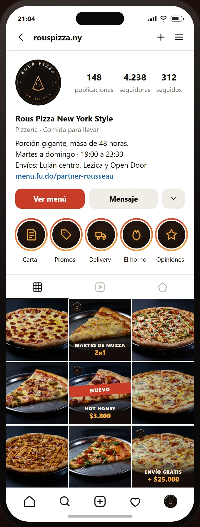 Maqueta del perfil de Instagram de una pizzería con bio, destacadas y grilla