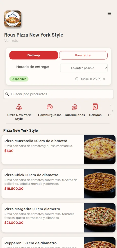 Tienda online de Rous Pizza hecha con Fudo