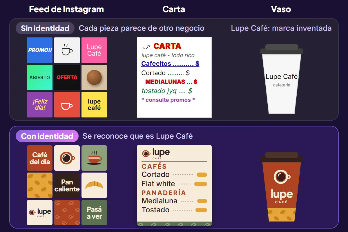Lupe Café sin identidad y con identidad: arriba un feed de Instagram, una carta y un vaso desparejos; abajo los mismos tres con colores, letras y logo que se repiten