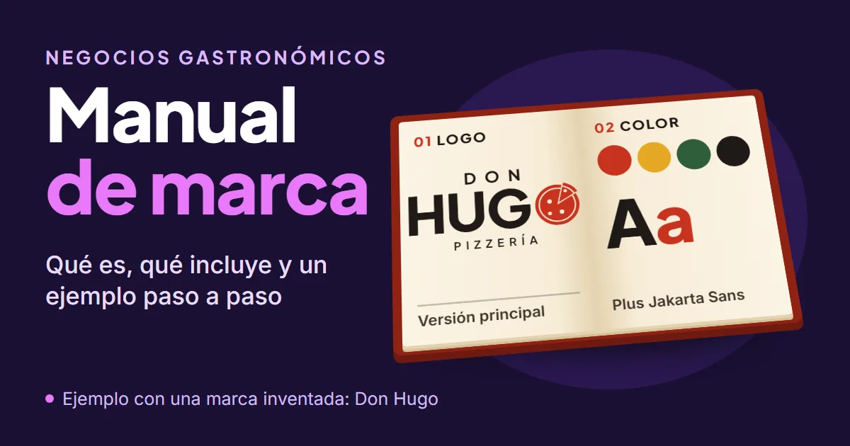 Portada de la nota sobre manual de marca: un manual abierto con el logo, la paleta y la tipografía de Don Hugo, una pizzería inventada para el ejemplo