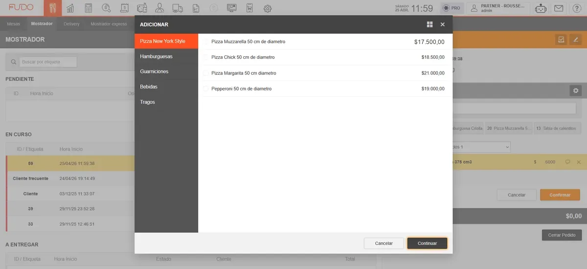 Carga de un pedido en Fudo eligiendo productos de la carta por categoría