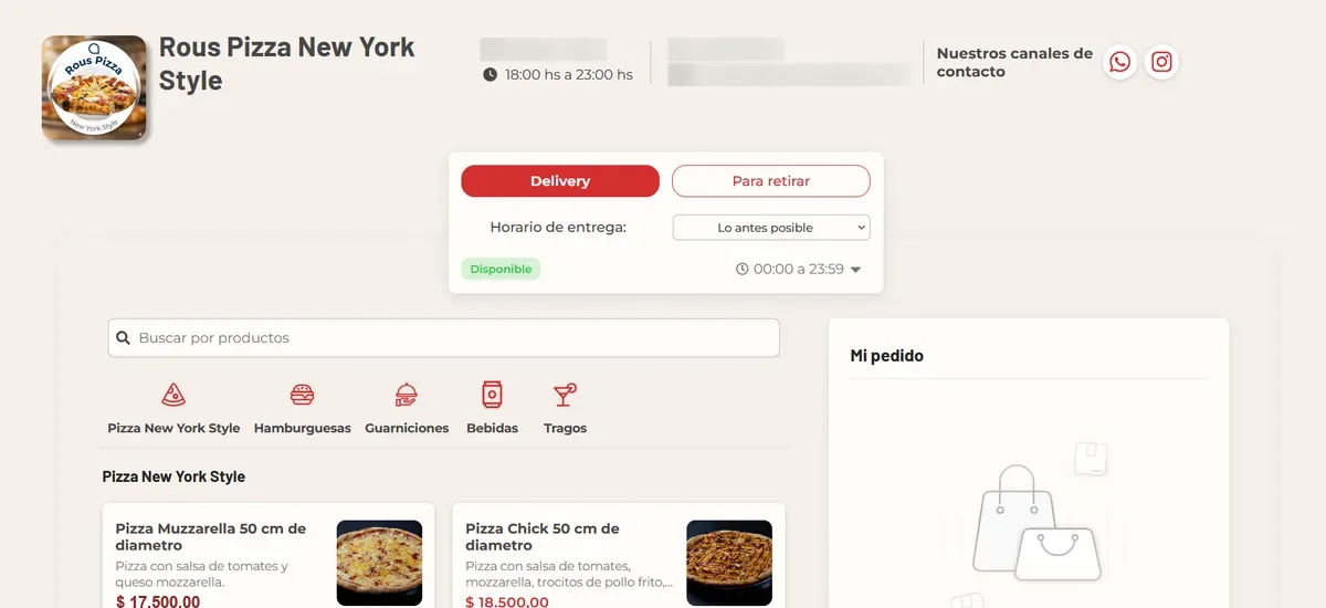 Tienda online propia hecha con Fudo, con opciones de delivery o retiro y la carta por categorías