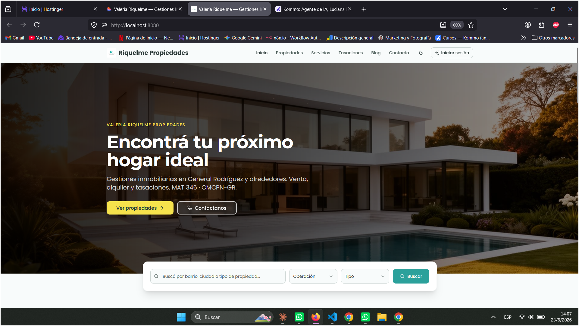 Sitio web de Riquelme Propiedades — página de inicio con buscador