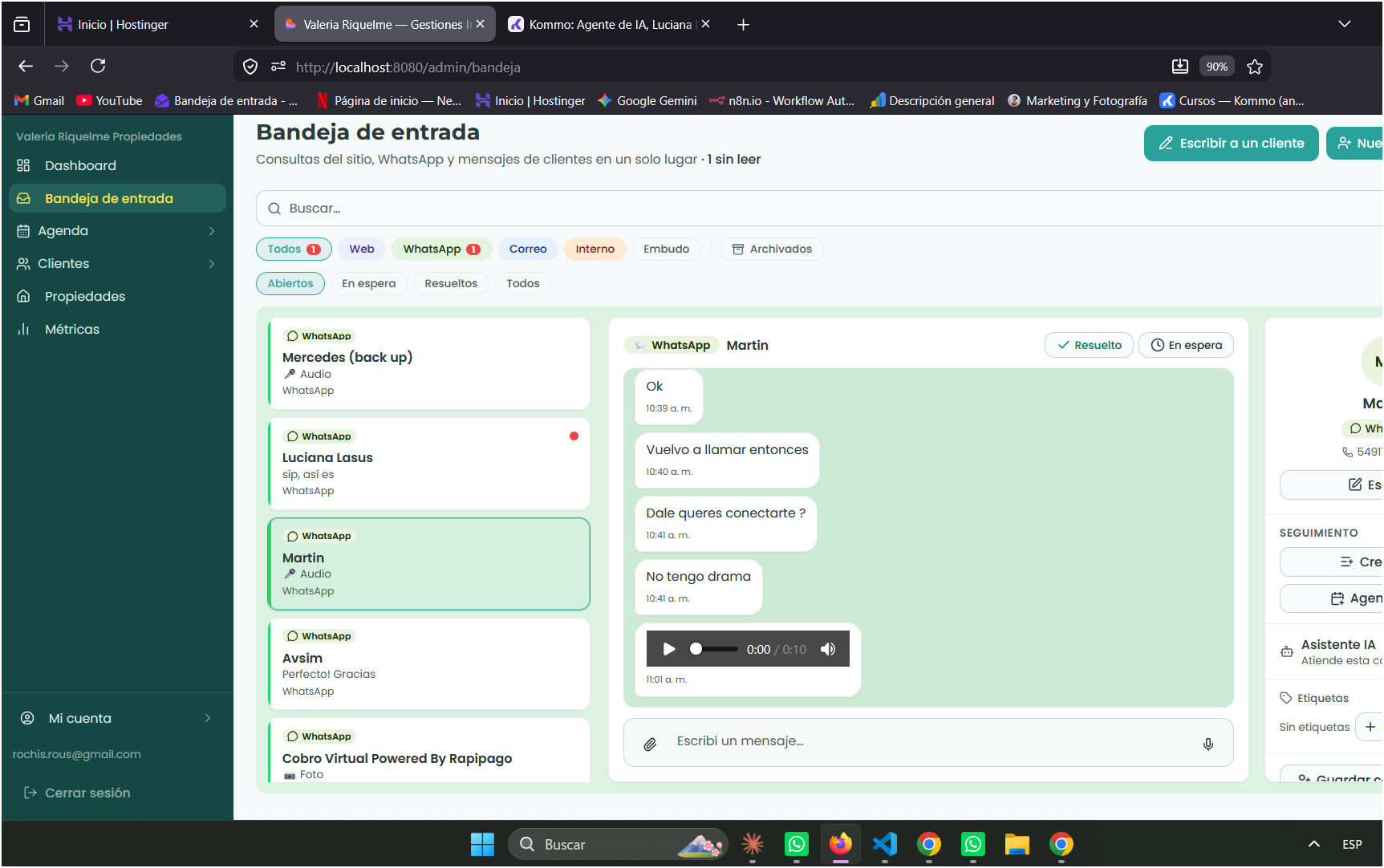 Bandeja de entrada del CRM — consultas de clientes